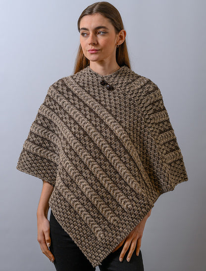 Plaited Aran Poncho with Button Detail -  Wicker Brown 