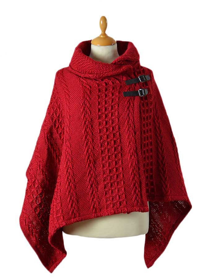 Shawl Collar Poncho - Red 
