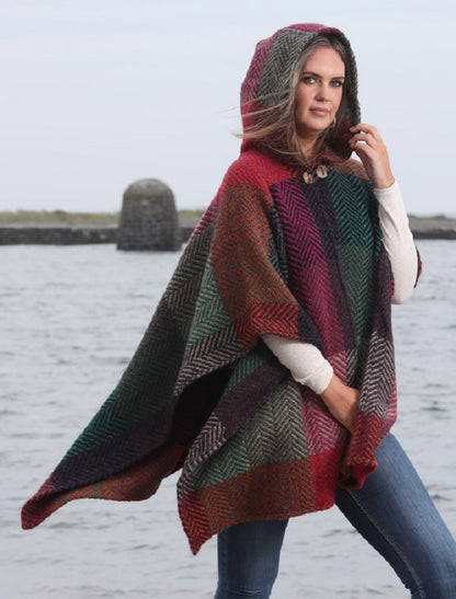 Sarah Hooded One Button Cape - Multi-Mulberry 