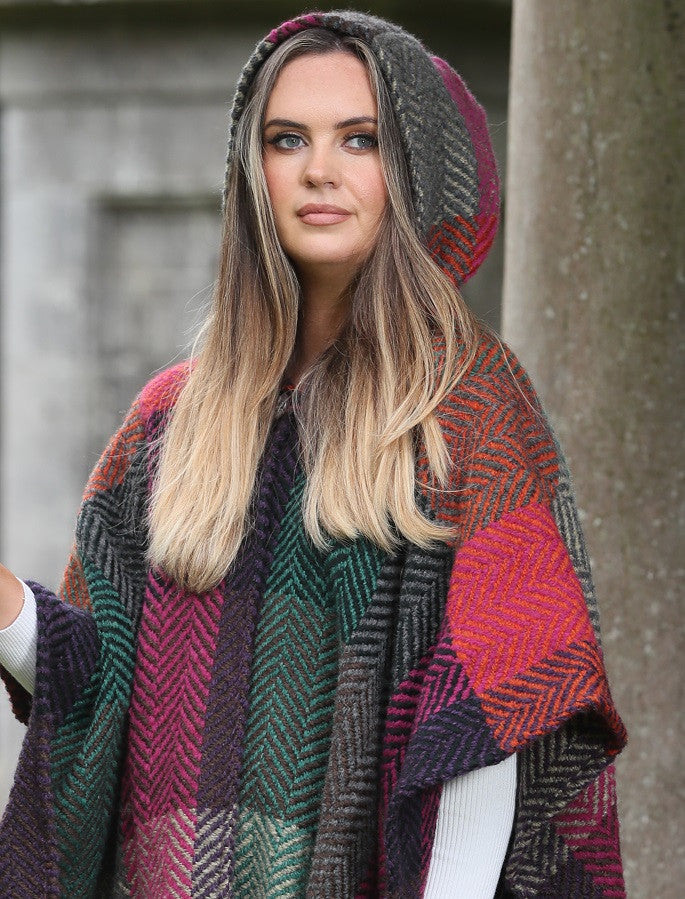 Sarah Hooded One Button Cape - Multi-Mulberry 