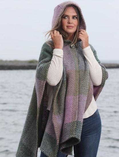 Sarah Hooded One Button Cape - Multi-Loden 