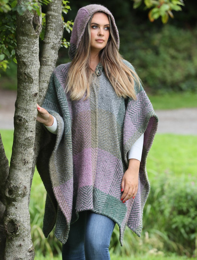 Sarah Hooded One Button Cape - Multi-Loden 