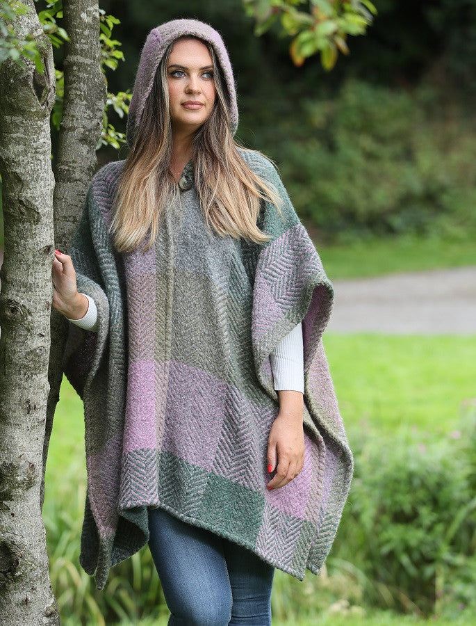 Sarah Hooded One Button Cape - Multi-Loden 