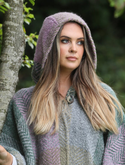 Sarah Hooded One Button Cape - Multi-Loden 