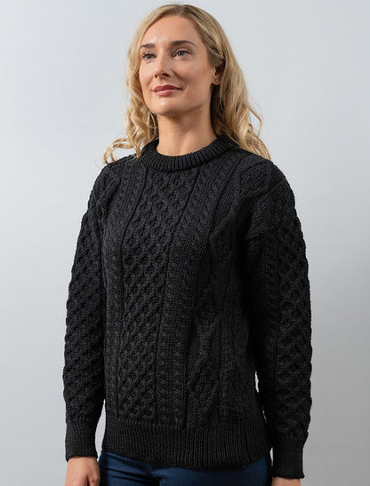 Cable Knit Crew Neck Aran Wool Sweater - Black