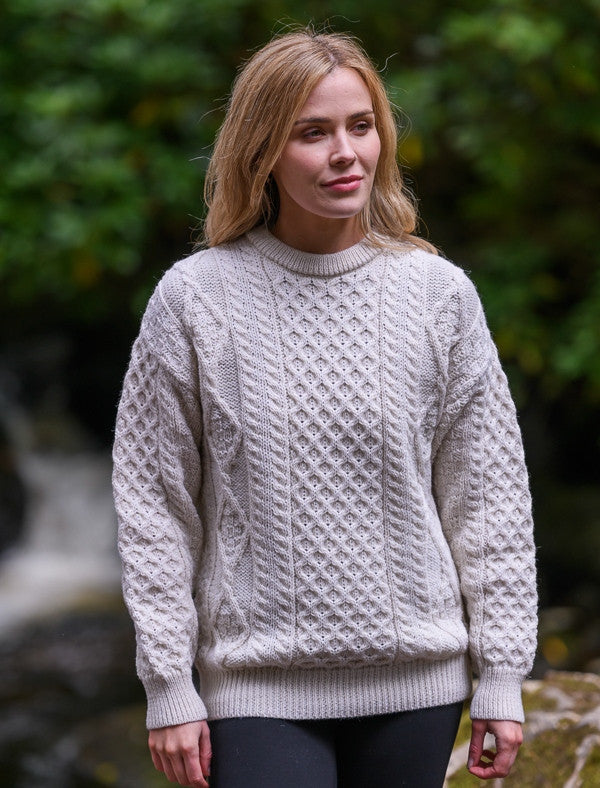 Cable Knit Crew Neck Aran Wool Sweater -  Natural White 