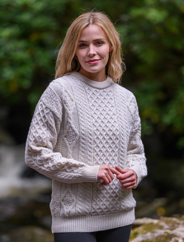 Cable Knit Crew Neck Aran Wool Sweater - Natural White 