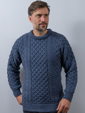 Mens Traditional Aran Irish Wool Sweater - Soft Grey 
