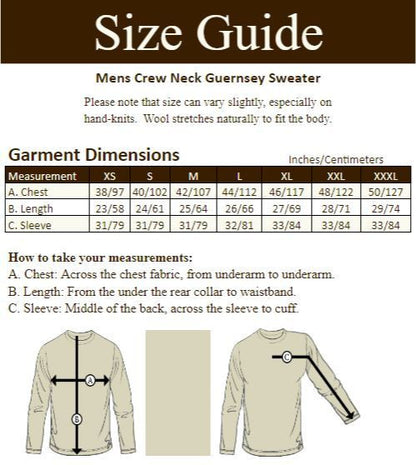 Irish Fishermans Ribbed Sweater with Patches- size guide