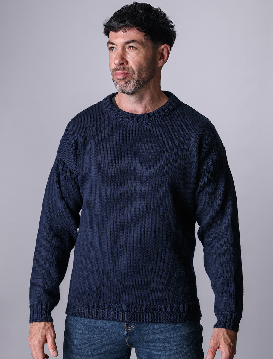 Mens Crew Neck Guernsey Sweater - Navy 
