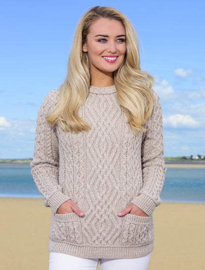 Cable Crew Neck Sweater with Pockets - Parsnip