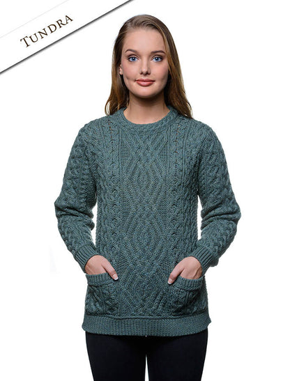 Cable Crew Neck Sweater with Pockets - Tundra