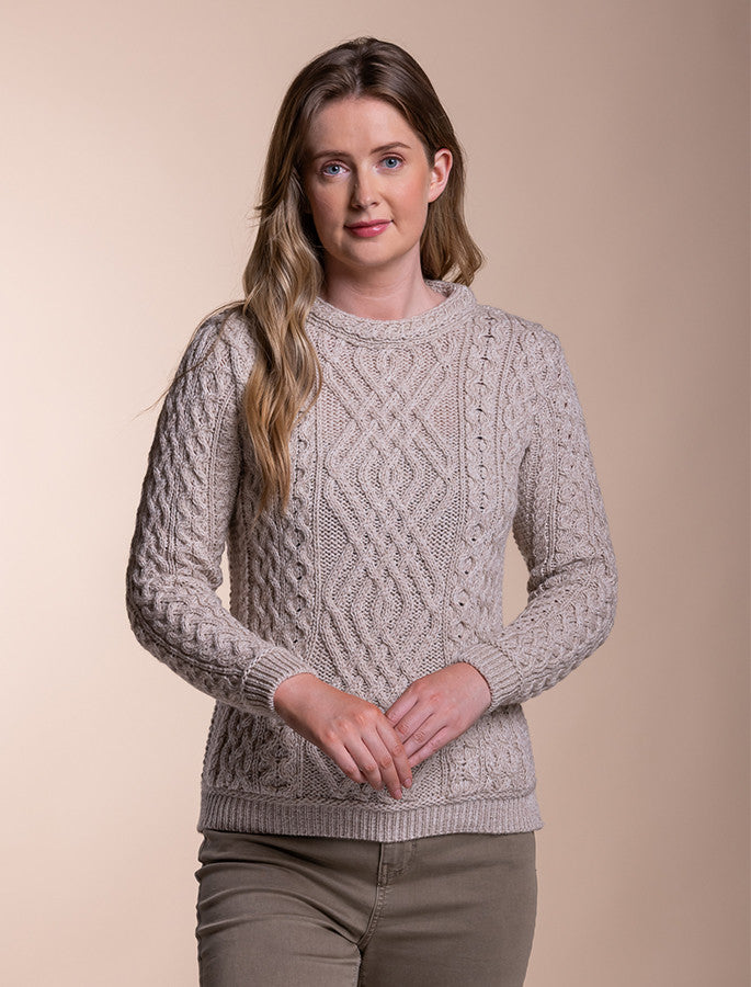 Cable Crew Neck Sweater with Pockets - 