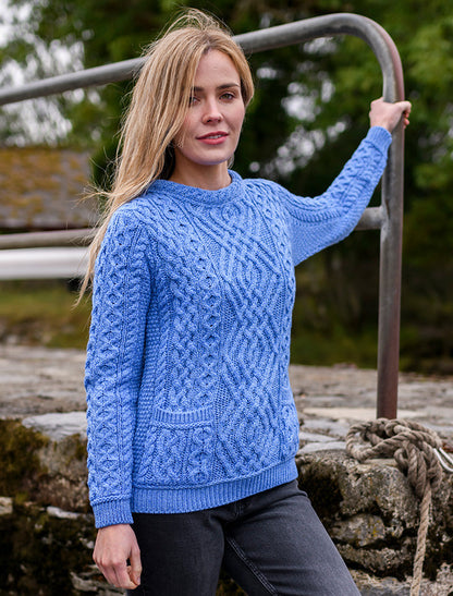 Cable Crew Neck Sweater with Pockets - 