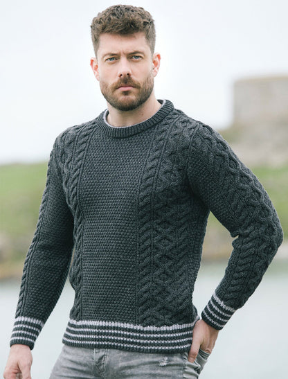 Moss &amp; Cable Knit Crew Neck Aran Wool Sweater - Charcoal 