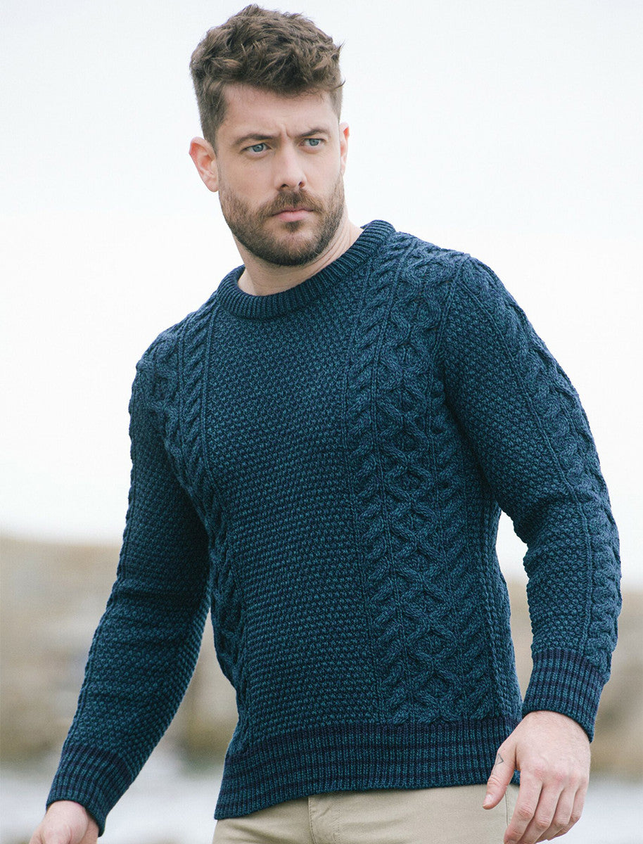 Moss &amp; Cable Knit Crew Neck Aran Wool Sweater - Sherwood 