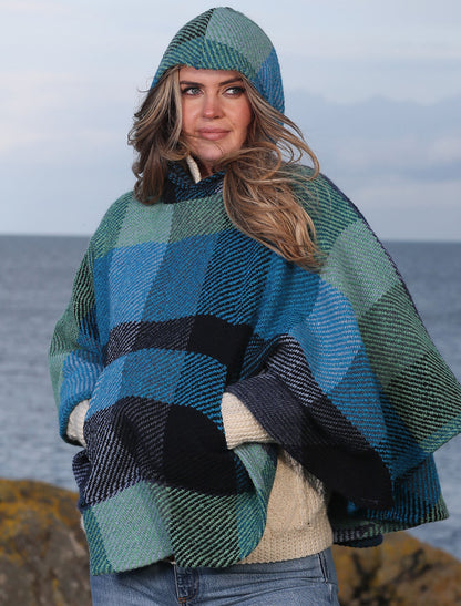 Cheryl Herringbone Hooded Poncho - Kildare Blue 
