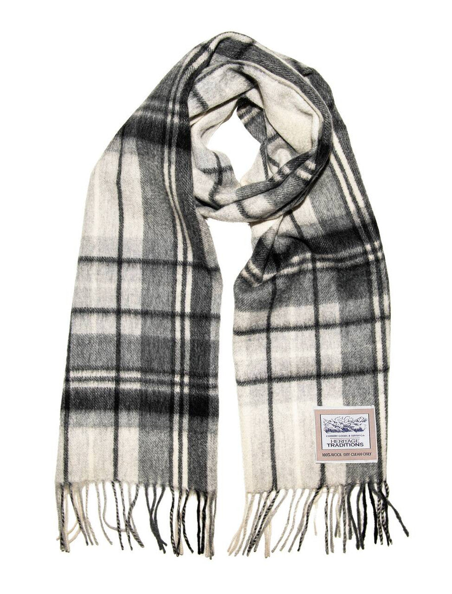Pure Wool Tartan Check Scarf - Black White 