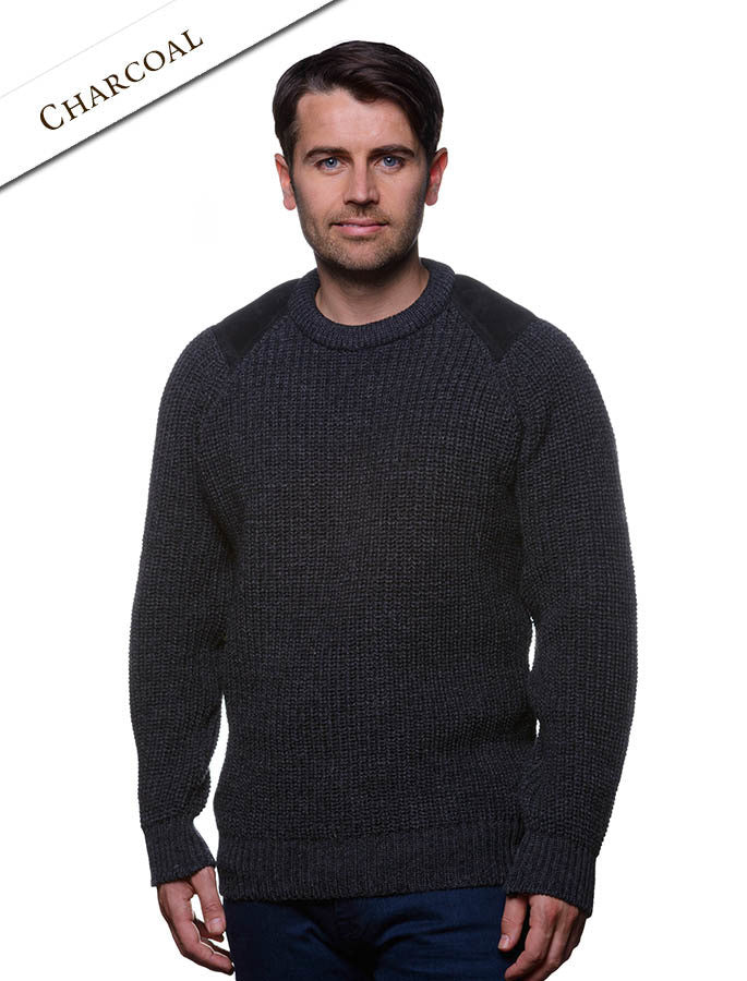 Irish Fishermans Ribbed Sweater with Patches - Charcoal 