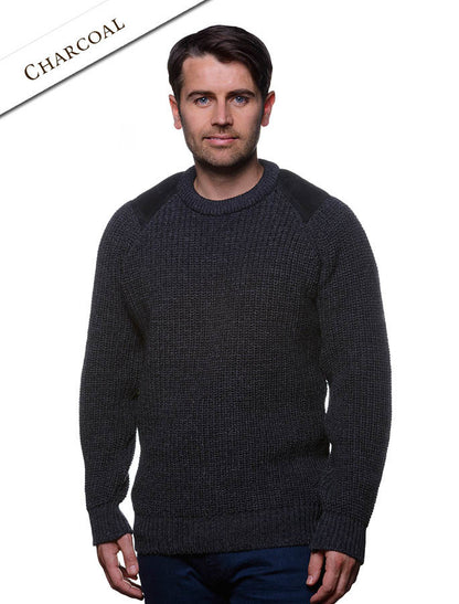 Irish Fishermans Ribbed Sweater with Patches - Charcoal 