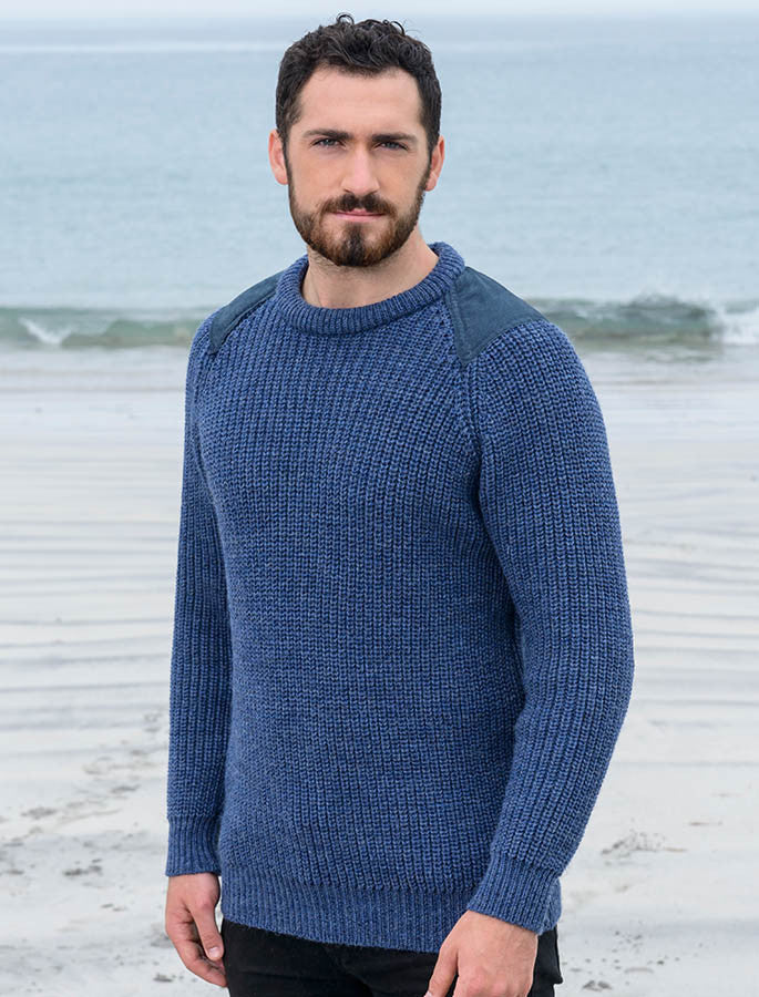 Irish Fishermans Ribbed Sweater with Patches - Caspian 