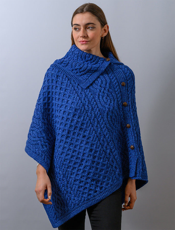 Ladies Merino Button Poncho - Blue Marl 