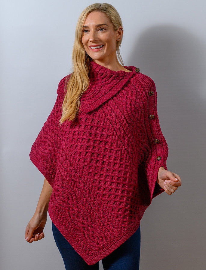 Ladies Merino Button Poncho - Fuchsia 