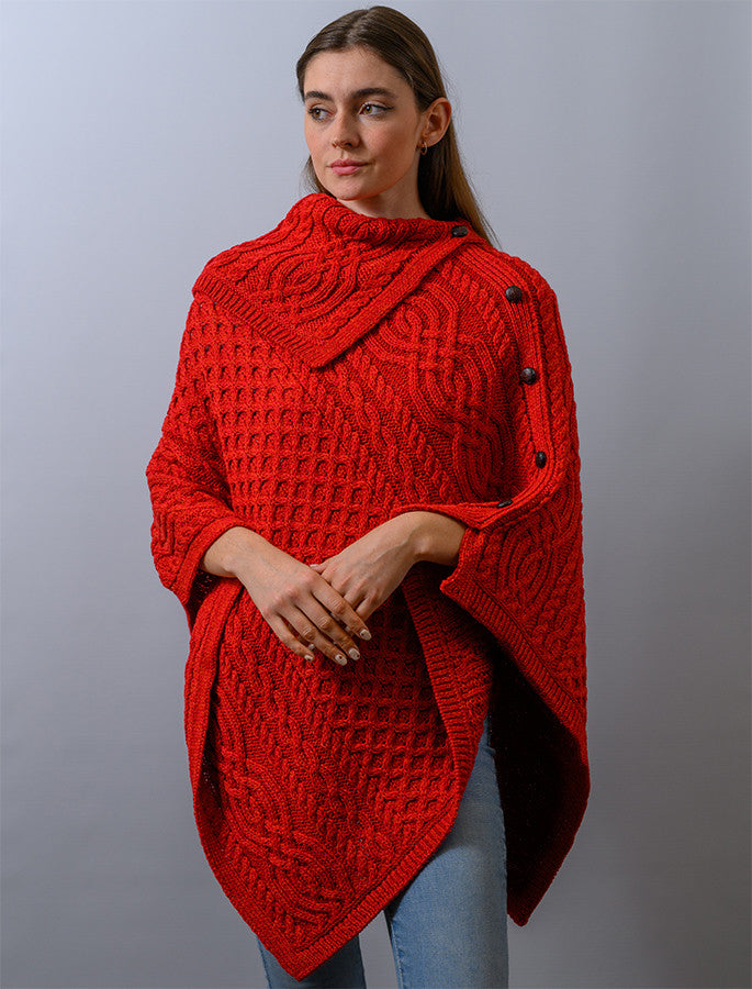 Ladies Merino Button Poncho - Red Marl 