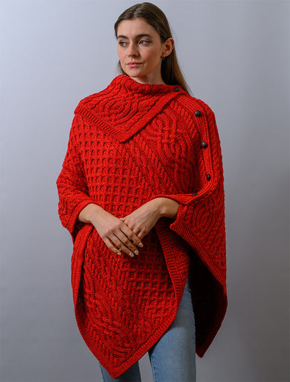 Ladies Merino Button Poncho - Red Marl 