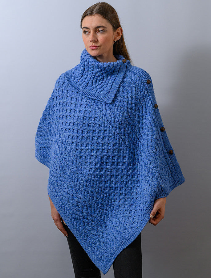 Ladies Merino Button Poncho - Wedgewood 