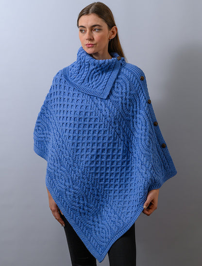 Ladies Merino Button Poncho - Wedgewood 