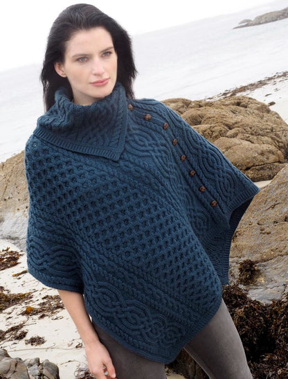 Ladies Merino Button Poncho - Mallard Blue 