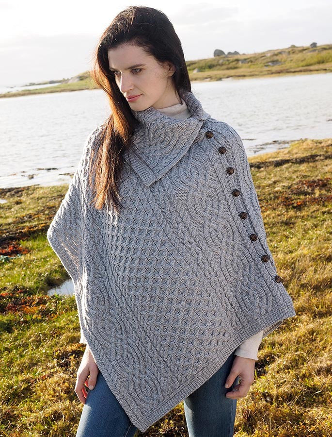 Ladies Merino Button Poncho - Soft Grey 