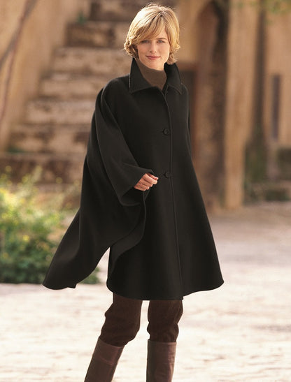 Cashmere Wool Cape With Saddle Stitching - Black 