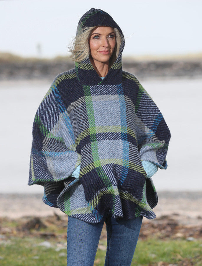 Cheryl Herringbone Hooded Poncho - Galway Blue 