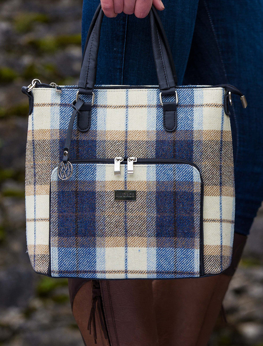 Ciara Tweed &amp; Leather Bag - Cream Navy Beige