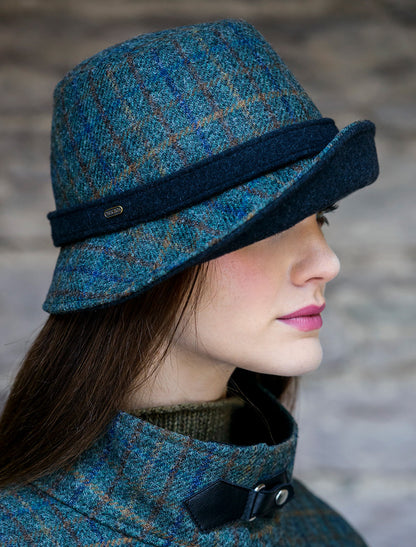 Ladies Tweed Clodagh Hat - Teal &amp; Brown Plaid 