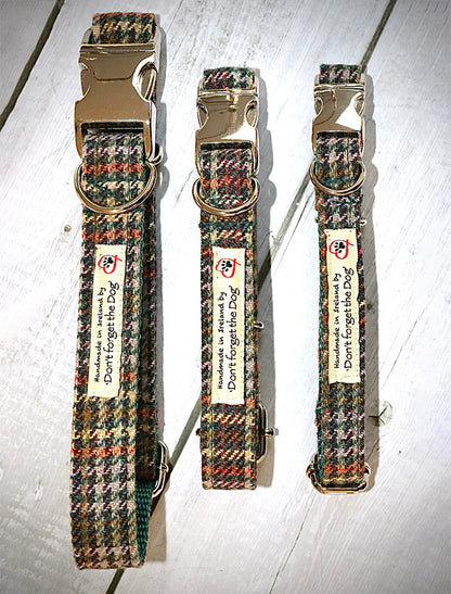 Tweed Dog Collar Metal Buckle - Green &amp; Amber Plaid