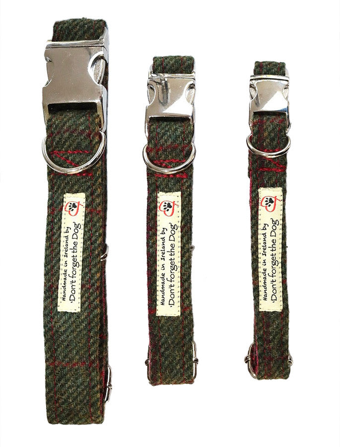 Tweed Dog Collar Metal Buckle - Green Windowpane