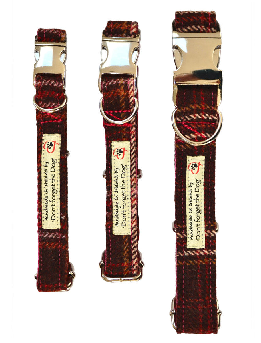 Tweed Dog Collar Metal Buckle - Rust Windowpane