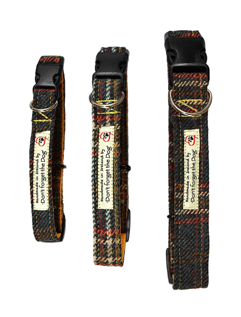 Tweed Dog Collar Plastic Buckle - Bright Green &amp; Russet Windowpane