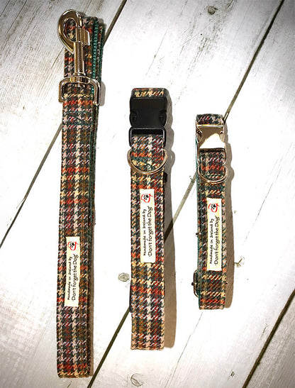 Tweed Dog Collar Plastic Buckle - Green &amp; Amber Plaid
