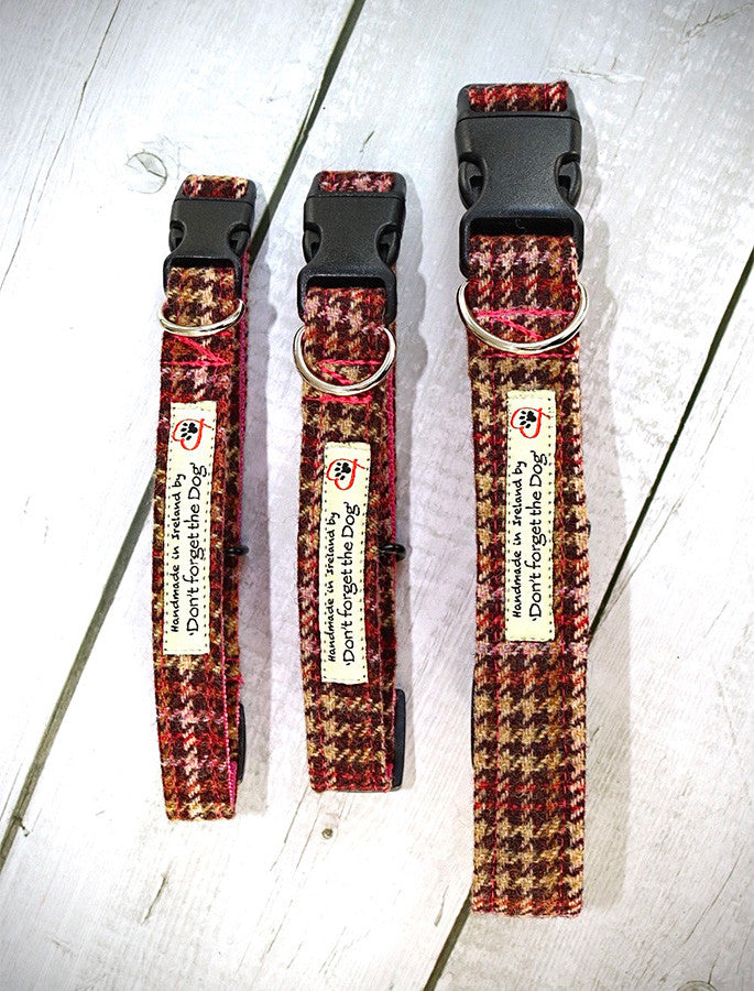 Tweed Dog Collar Plastic Buckle - Pink &amp; Amber Plaid