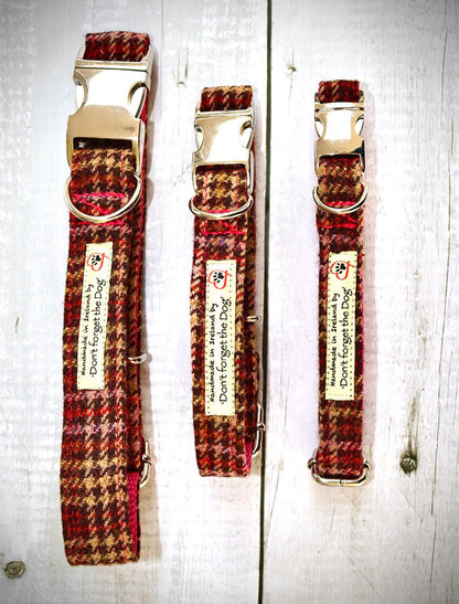 Tweed Dog Collar Metal Buckle - Pink &amp; Amber Plaid