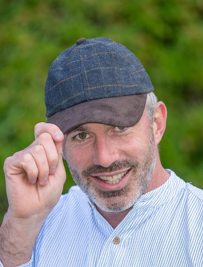 Tweed &amp; Suede Blue Box Check Baseball Cap - Blue Box Tweed 