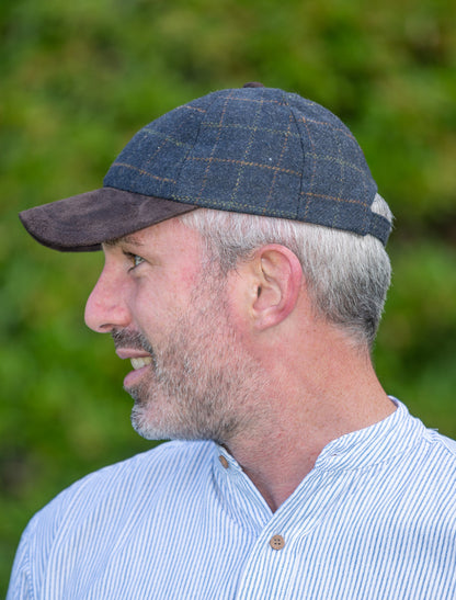 Tweed &amp; Suede Blue Box Check Baseball Cap - Blue Box Tweed 