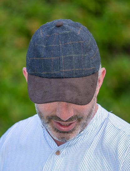 Tweed &amp; Suede Blue Box Check Baseball Cap - Blue Box Tweed 
