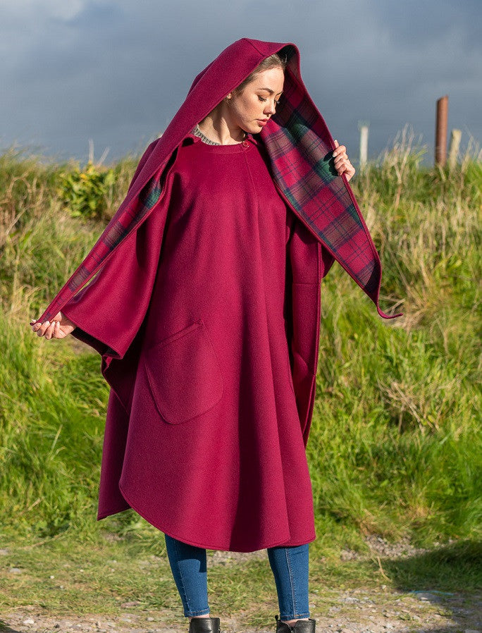 Donegal Tweed Pure Wool Country Walking Cape - Wine 
