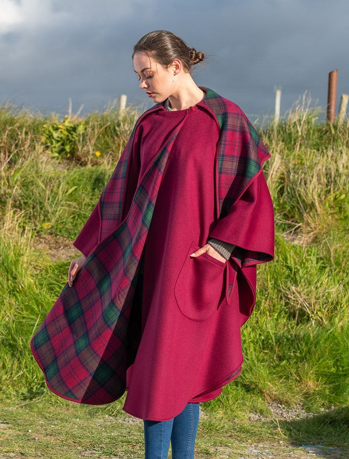 Donegal Tweed Pure Wool Country Walking Cape - Wine 