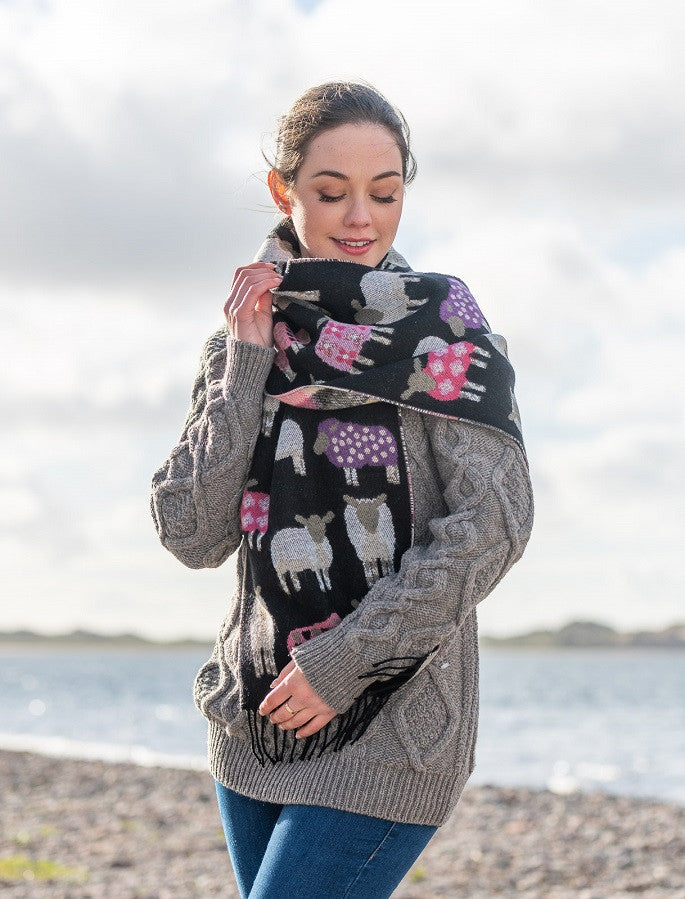 Super Soft Fringed Sheep Scarf - Black 